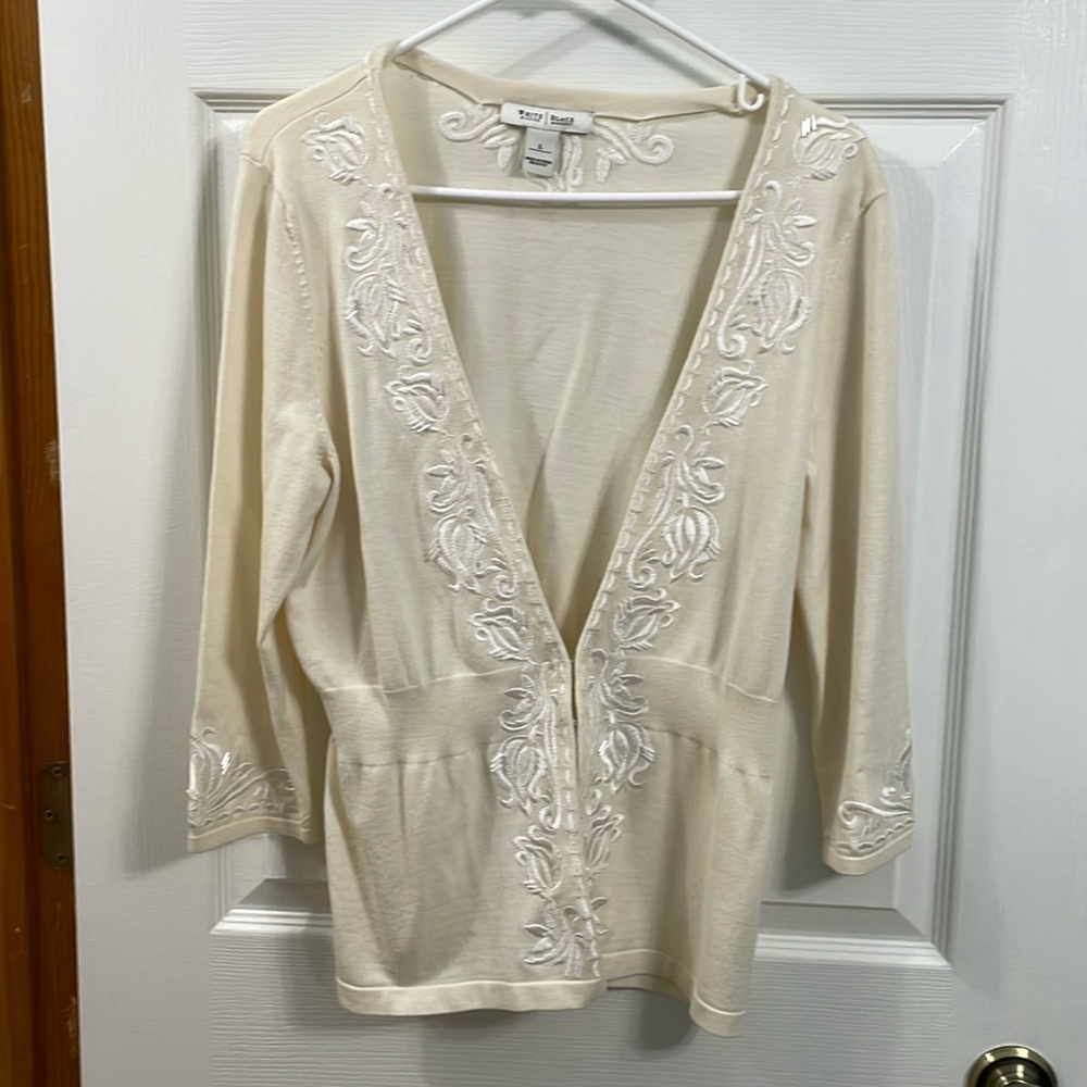 Whit House Black Market cream and white sweater with shimmer beads